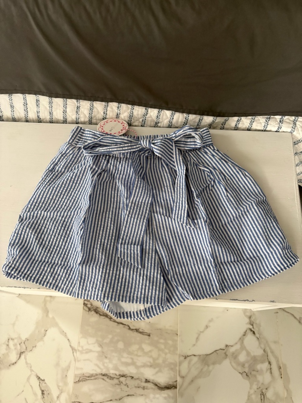 High-Waist Blue and White Striped Tie-Front Shorts